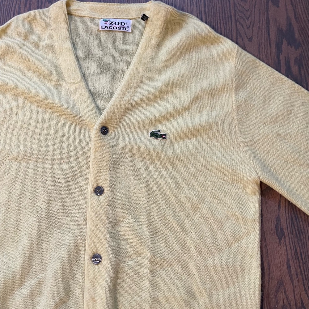 Vintage Lacoste Mens Large Knit Cardigan Sweater Button Yellow Made USA
